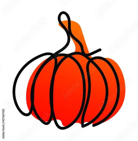 Fototapeta Vector illustration of pumpkin vegetable in one line endless style. Orange abstract spot background. Can be applied as a sticker, icon, logo.