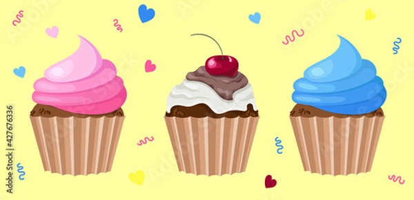Fototapeta a set of cupcakes with different cream filling with a cherry on top. Delicious food dessert
Unhealthy eating. 