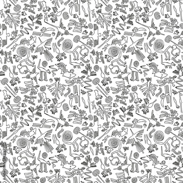 Fototapeta Seamless black-white pattern with geoglyph symbols.