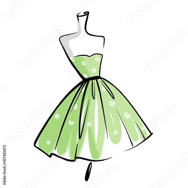 Fototapeta Green dress with white polka dots on a mannequin. Linear graphics. Illustration on white background. For postcards and business cards