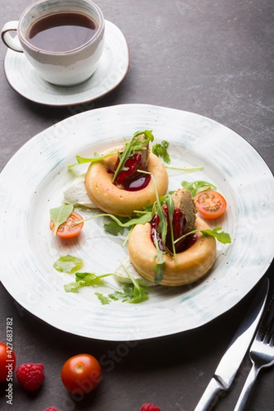 Fototapeta Donuts with duck pate and jam served for lunch