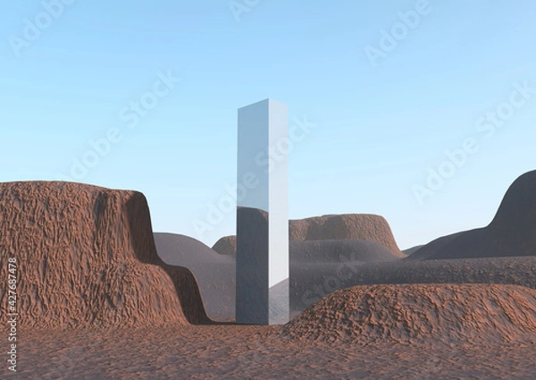 Fototapeta A mysterious metallic monolith in the middle of a rocky desert landscape. 3d Illustration