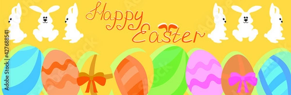Fototapeta 
happy easter banner poster greeting eggs written text on persek background