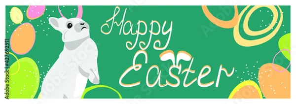 Fototapeta happy easter banner poster greeting eggs written text white rabbit