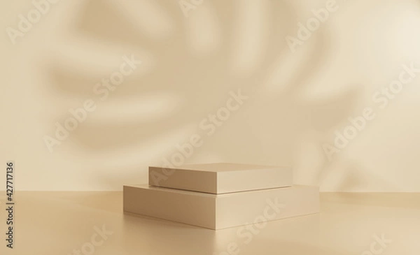 Fototapeta Luxury Brown 3D background with shadows leaf monstera podium geometric shapes circle, pedestal on one floors Curved wall the platform for product presentation minimal , rendering