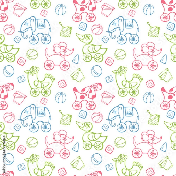 Fototapeta Children's pattern. Different cute toys on a white background.