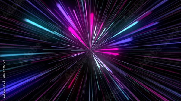 Fototapeta Abstract tunnel from digital neon lights on dark background. Futuristic sparkling lines of purple green and pink colors. Technology and cyber glow concept with copy space