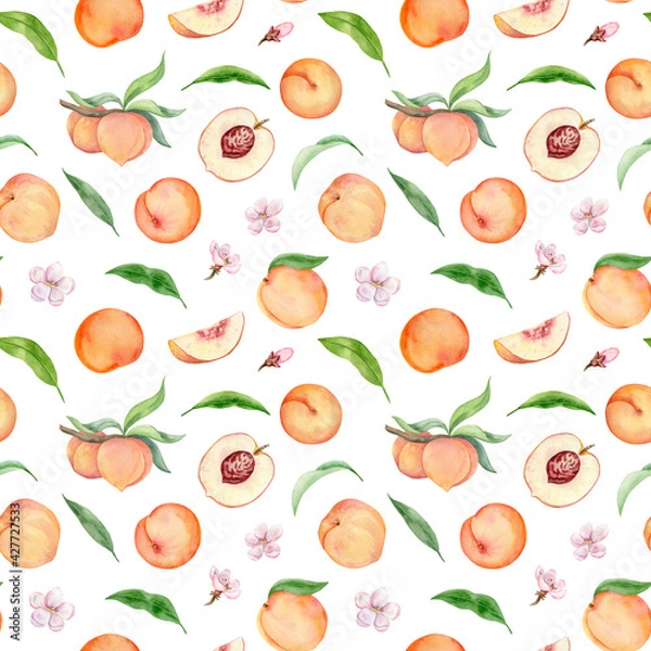 Fototapeta botanical watercolor pattern with peaches