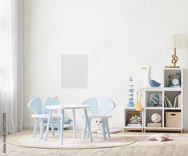 Fototapeta blank poster frame in Bright children's room with kids table and shelves near window, kids furniture, 3d rendering