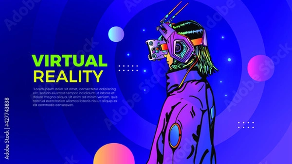 Fototapeta Woman wearing virtual or augmented reality glasses. Abstract vr world with neon Shape lines For Landing Banner Page Or Poster Web