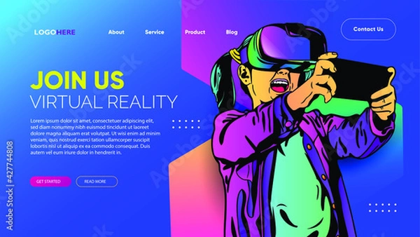 Fototapeta KIDS wearing virtual or augmented reality glasses. vr world with neon Shape lines Landing Banner