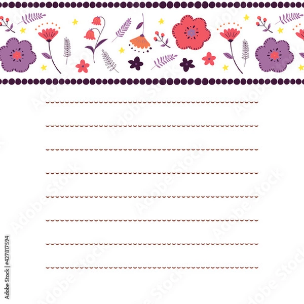 Fototapeta ピンクと紫のお花のお手紙フレーム東欧風