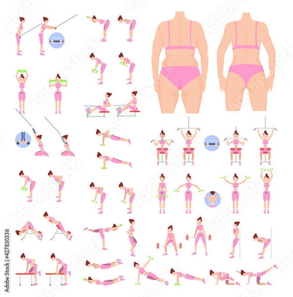 Fototapeta The girl before and after. Fat-burning workout. Back exercises. Training with inventory. Girl  exercises. Toned body. Woman's back before and after weight loss. Vector illustration.