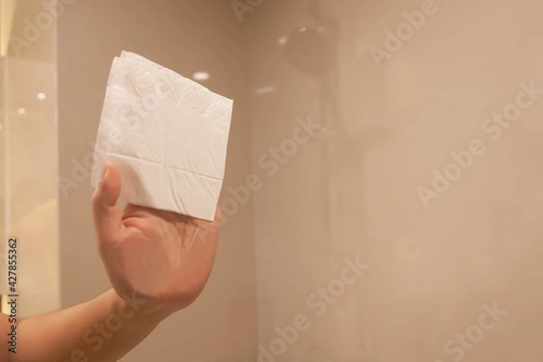 Obraz Hand holding tissue wipes cleaning glass surface in bathroom. Selective focus on some part of tissue. Copy space