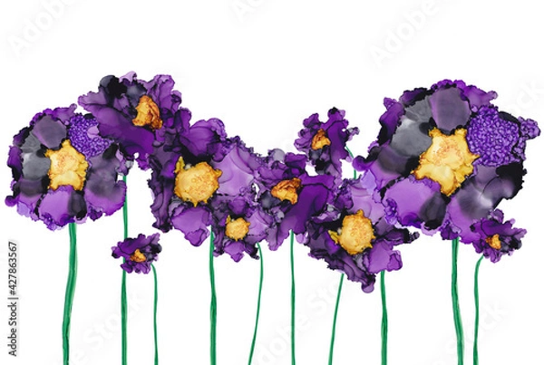 Fototapeta Purple flowers with green stems . Abstract painting,  isolated on white.  Alcohol ink Painting technique.