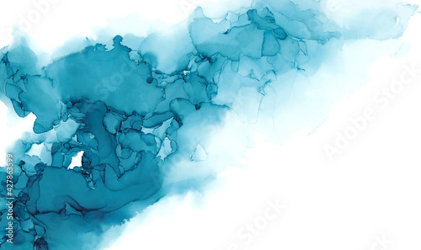 Fototapeta Abstract painting isolated on white, alcohol ink technique. Light blue stains texture background. Web banner blue gradient fill background.  