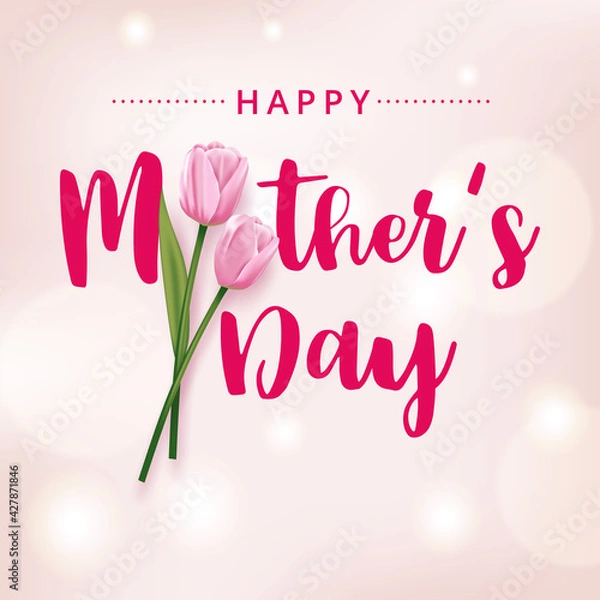 Fototapeta Happy mother's day card with pink tulips on a pink background
