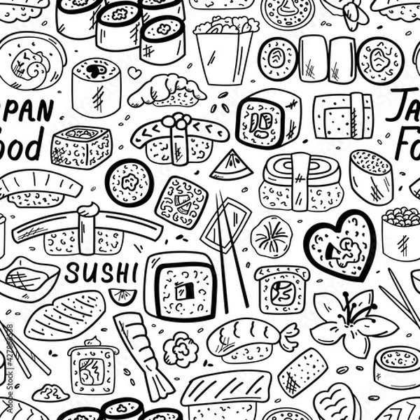 Fototapeta Sushi, rolls, pattern, doodle, sketch, vector illustration for advertising. Picture for wrapper
