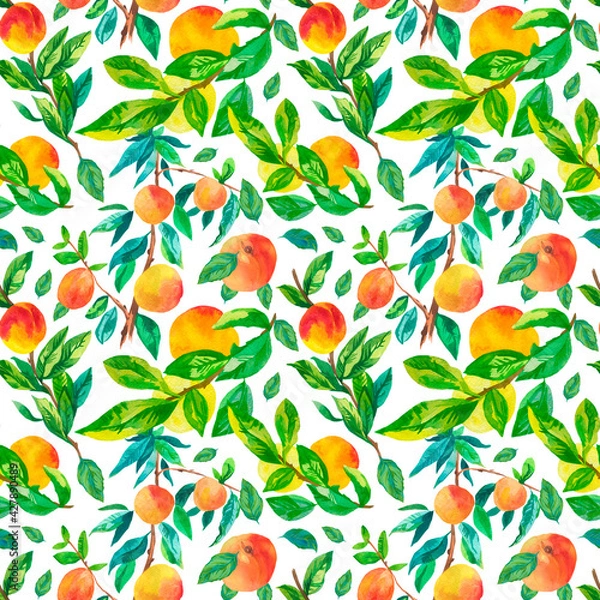 Fototapeta Seamless watercolor pattern with peaches. Summer,botanical print with delicious fruit in orange on white isolated hand painted background.Designs for textiles,fabric,wrapping paper,web,social media.