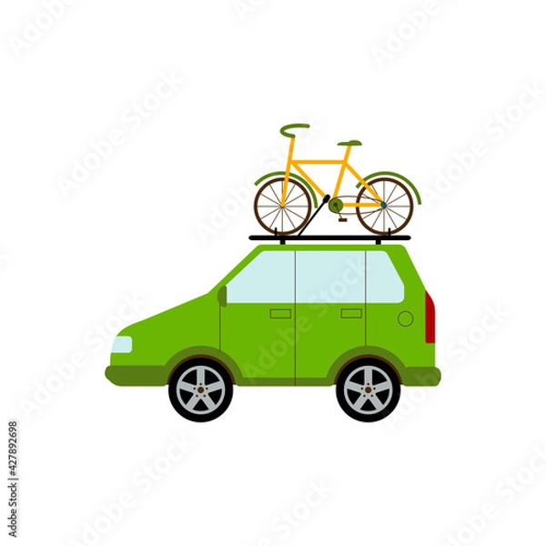 Fototapeta Travelling by car. A car with bicycle. Family hobby. Bicycles attached to top of green automobile. Flat style Vector Illustration.