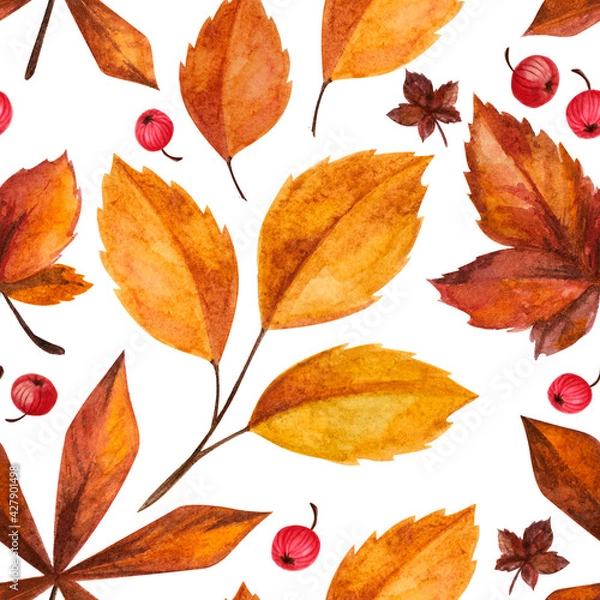 Fototapeta autumn yellow leaves and rowan berries seamless pattern watercolor illustration digital paper, print for textile design, scrapbooking, wallpaper. natural background