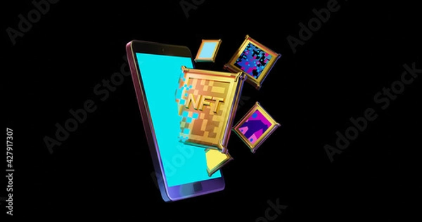 Fototapeta 3D render illustration of golden NFT, Crypto currency coins getting into a smartphone, online payment, transaction concept