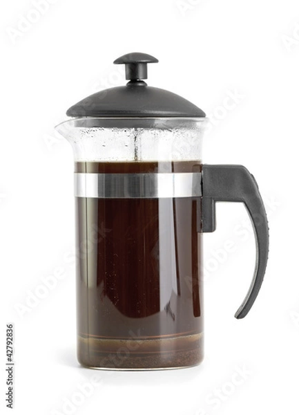Obraz French press coffee maker on white background with reflection