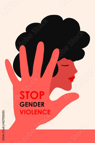 Fototapeta Stop domestic violence. A girl with black hair on the background of a hand with an inscription against violence. The concept is intended for a crisis care center or for the protection of women s