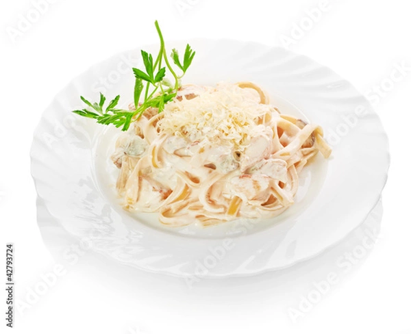 Fototapeta plate of pasta and smoked salmon with tomato