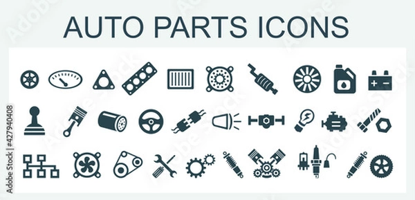 Fototapeta A set of vector icons and logos with car parts, batteries, transmissions, electrical equipment, engines and other special equipment. Car service. Auto parts store.