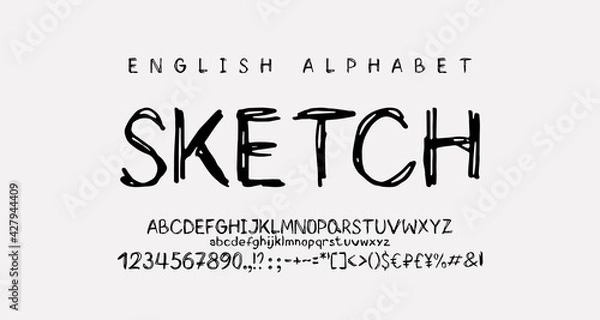Fototapeta Hand drawn font sketch doodle style. Vector set of uppercase and lowercase English letters, numbers, marks, symbols