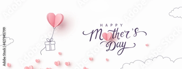 Fototapeta Mother's day postcard with paper flying elements and gift box on white sky background. Vector symbols of love in shape of heart for greeting card design
