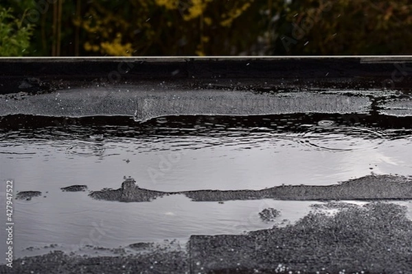 Obraz Light rain on a black flat roof against a green background