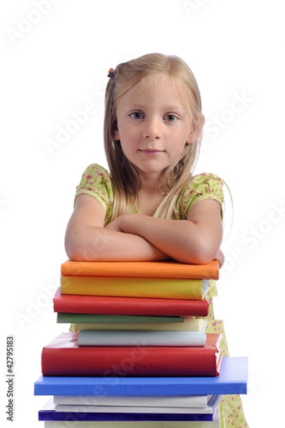 Obraz Little girl with stack of books