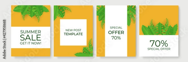 Fototapeta Summer sale banner with paper cut wave and tropical leaves background, exotic floral design for banner, flyer, invitation, poster, web site or greeting card. Paper cut style, vector illustration