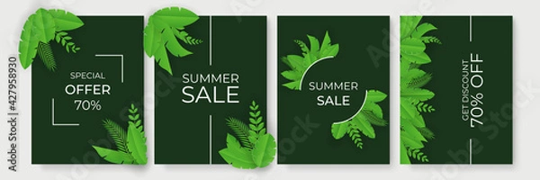 Fototapeta Summer sale banner with paper cut wave and tropical leaves background, exotic floral design for banner, flyer, invitation, poster, web site or greeting card. Paper cut style, vector illustration