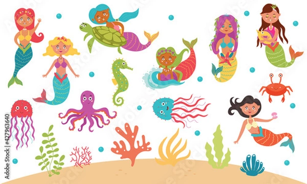 Fototapeta Large set of cute mermaids and sea creatures. Mythological and fantastical underwater world. Nursery characters for children's design. Vector illustration