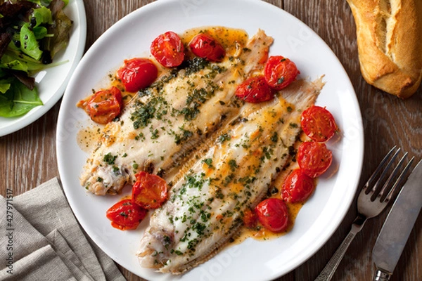 Fototapeta Sole with cherry tomatoes on a plate. High quality photo.