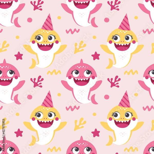 Fototapeta Seamless vector Pattern with Baby Shark for Birthday