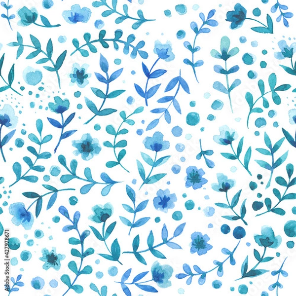 Fototapeta Pattern of flowers and grasses painted with watercolors on white background. Green leaves and flowers on a white background.
