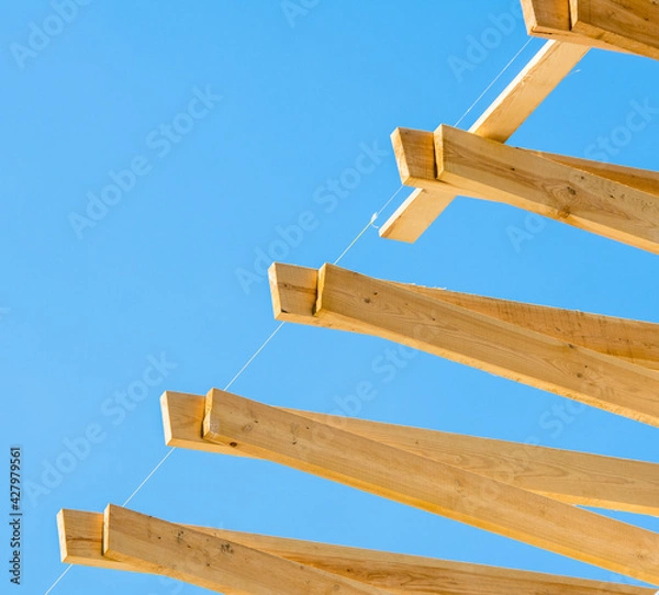 Obraz 
yellow pine planks against a blue sky, exposed by level