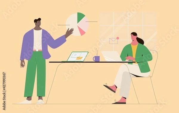 Obraz People working together in the office, analysing data, planing, discussing projects. Vector illustration of teamwork concept, man doing presentation, woman working on laptop