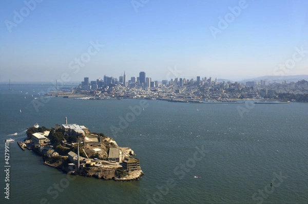 Obraz Aerial view of Alcatraz, Bay Bridge and San Francisco skyline