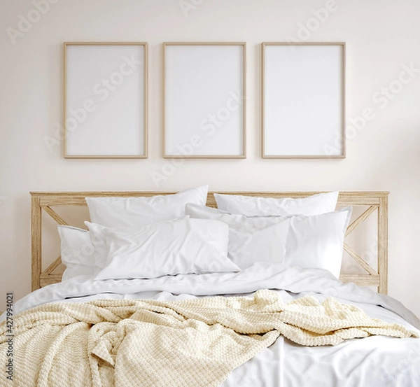 Fototapeta Mockup frame in farmhouse style bedroom interior background, 3d render