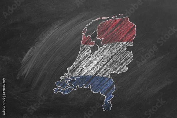 Fototapeta Country map and flag of The Netherlands drawing with chalk on blackboard. Hand drawn animation. One of a large series of maps and flags of different countries. Education, travel, study abroad concept
