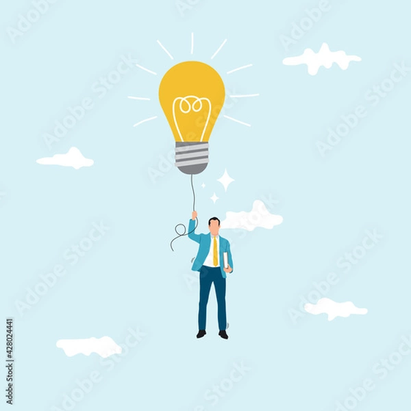 Fototapeta Big idea to solve business problem, invention or innovation to drive business growth or work achievement concept, smart businessman manager holding light bulb floating balloon flying high in the sky.