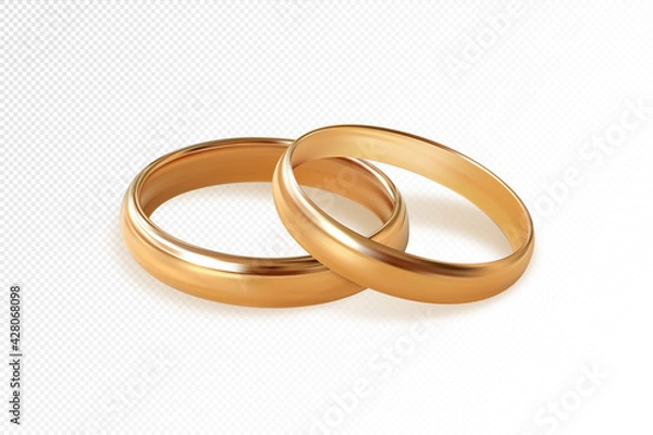 Fototapeta Two golden wedding rings on transparent background. Quality realistic vector, 3d illustration