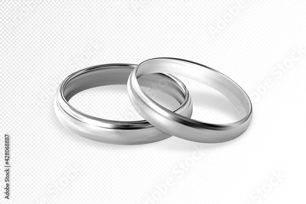 Fototapeta Two silver or platinum wedding rings on transparent background. Quality realistic vector, 3d illustration