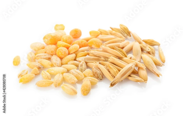 Fototapeta Heap of different cereals and legumes on white background