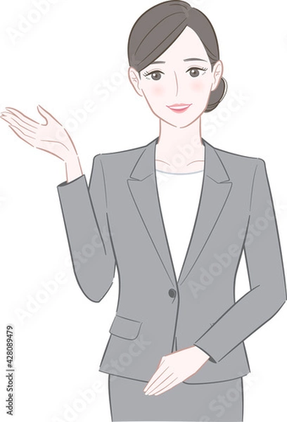 Obraz 片手を上げるグレーのスーツを着た女性のイラスト
